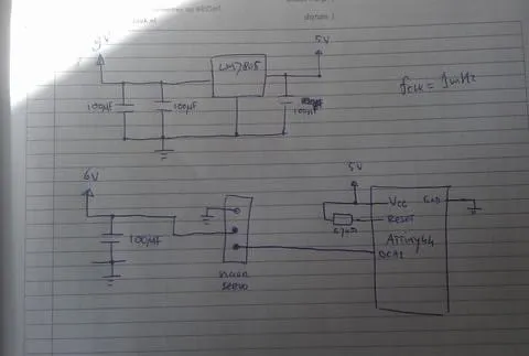 Circuit with an AVR ATTiny44 to control a servo.
